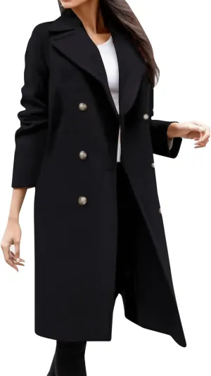 Trench Coats for Women 2024 Casual Notched Lapel Long Winter Coats Singe-Breasted Wool Blend Pea Coat Outwear