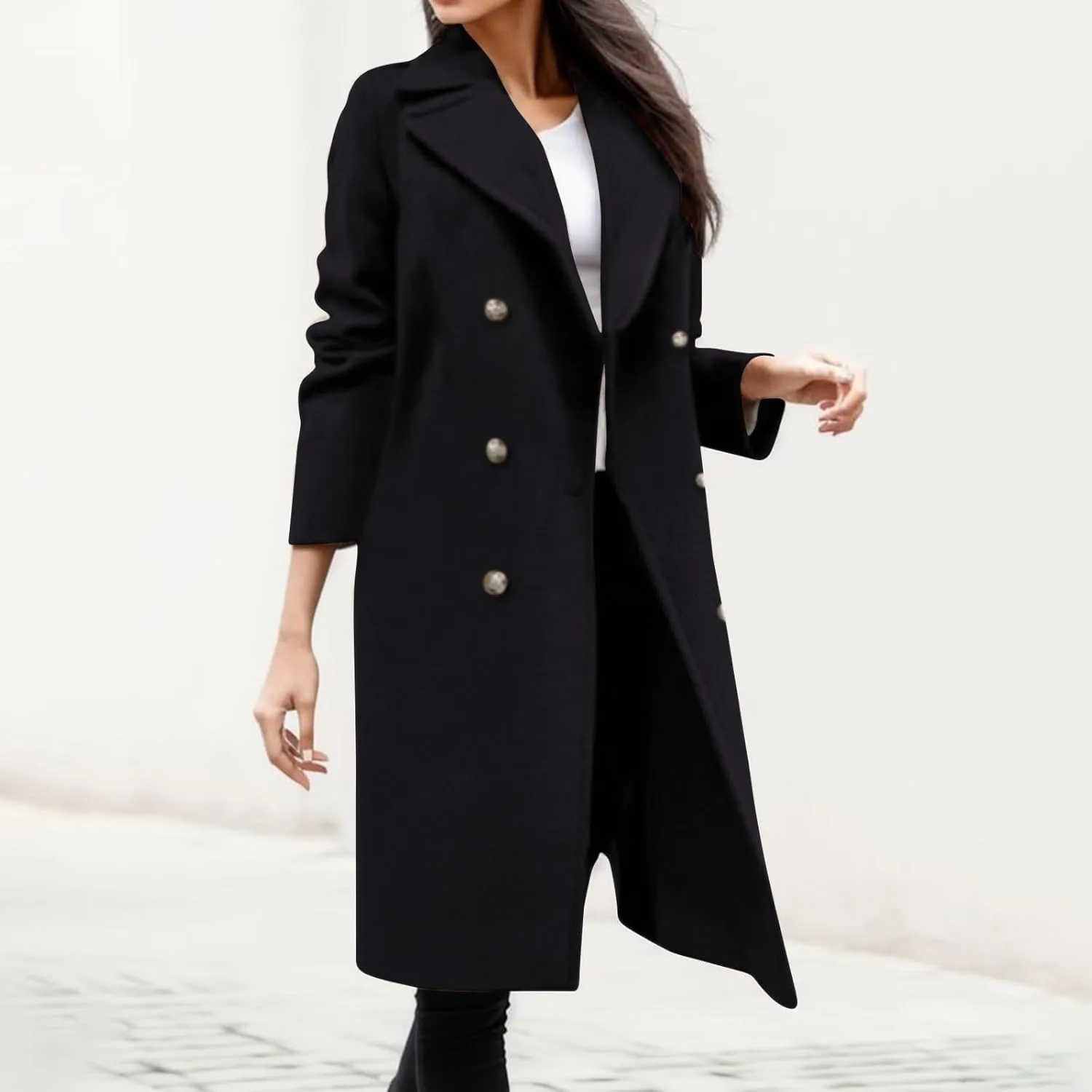 Trench Coats for Women 2024 Casual Notched Lapel Long Winter Coats Singe-Breasted Wool Blend Pea Coat Outwear