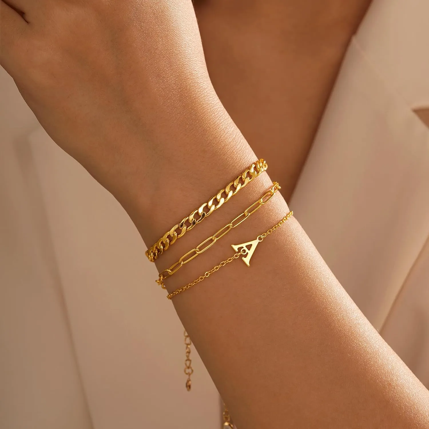Turandoss Gold Bracelets for Women Trendy - Personalized Initial Dainty Stackable Gold Cuban Chain Paperclip Chain Bracelets Sets for Women Teen Girls