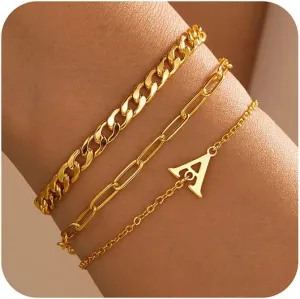 Turandoss Gold Bracelets for Women Trendy - Personalized Initial Dainty Stackable Gold Cuban Chain Paperclip Chain Bracelets Sets for Women Teen Girls