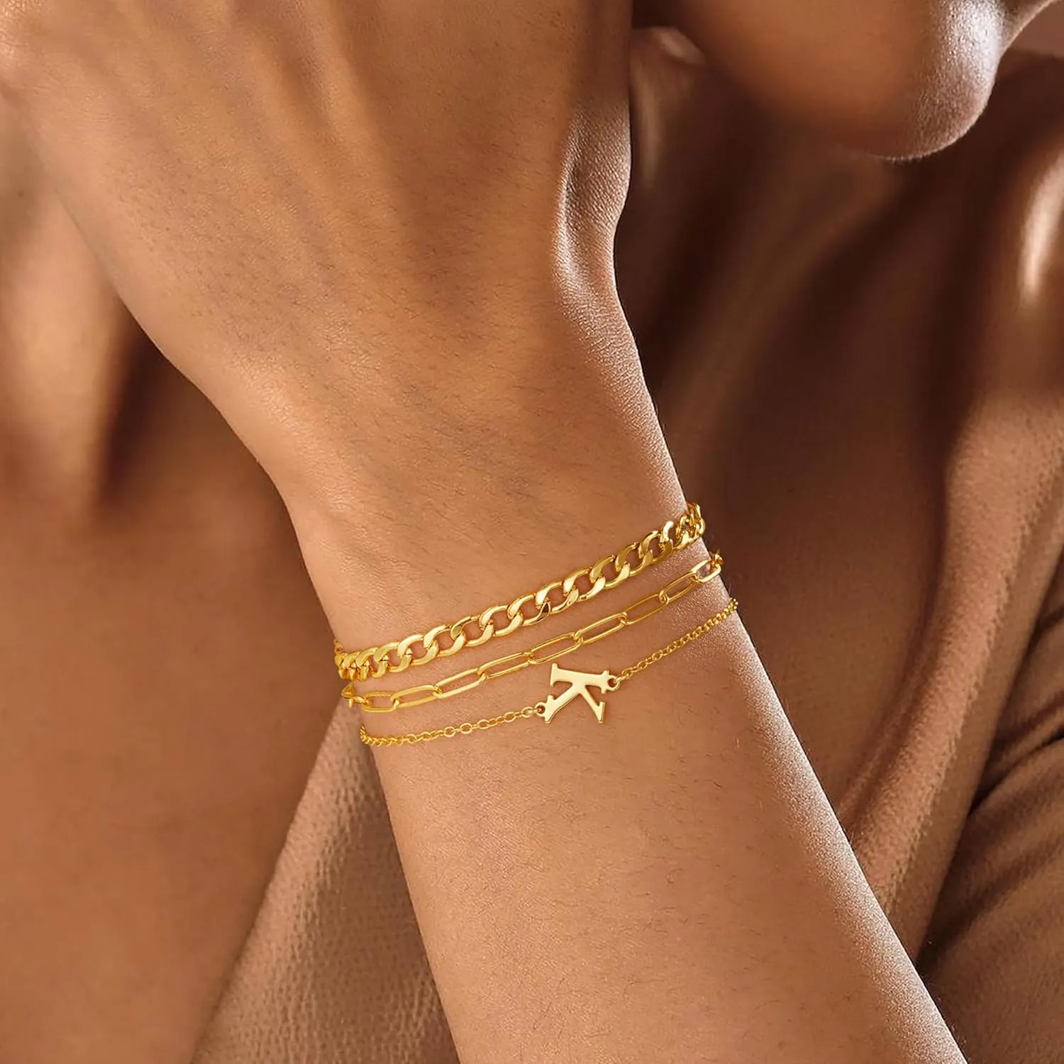 Turandoss Gold Bracelets for Women Trendy - Personalized Initial Dainty Stackable Gold Cuban Chain Paperclip Chain Bracelets Sets for Women Teen Girls