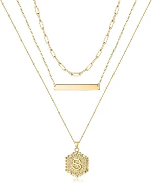 Turandoss Gold Layered Initial Necklaces for Women, 14K Gold Plated Bar Necklace Handmade Layering Hexagon Letter Pendant Beads Chain Necklace Layered Necklaces for Women Gold Jewelry Gifts