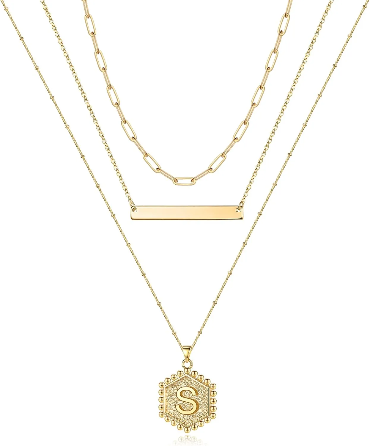 Turandoss Gold Layered Initial Necklaces for Women, 14K Gold Plated Bar Necklace Handmade Layering Hexagon Letter Pendant Beads Chain Necklace Layered Necklaces for Women Gold Jewelry Gifts