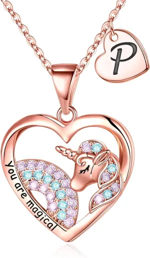Unicorns Gifts for Girls Necklaces, Rose Gold Plated Heart Unicorn Necklaces for Women Girls Initial Necklaces for Women Girls Unicorn Jewelry Unicorn Gifts for Girls Birthday Gifts