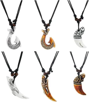 UNICRAFTALE 6 Pcs 2 Colors Maori Fish Pendant Necklaces Fish Hook Pendant Necklaces Ocean Resin Shark Tribal Necklaces with Adjustable Black Wax Ropes for Men Women