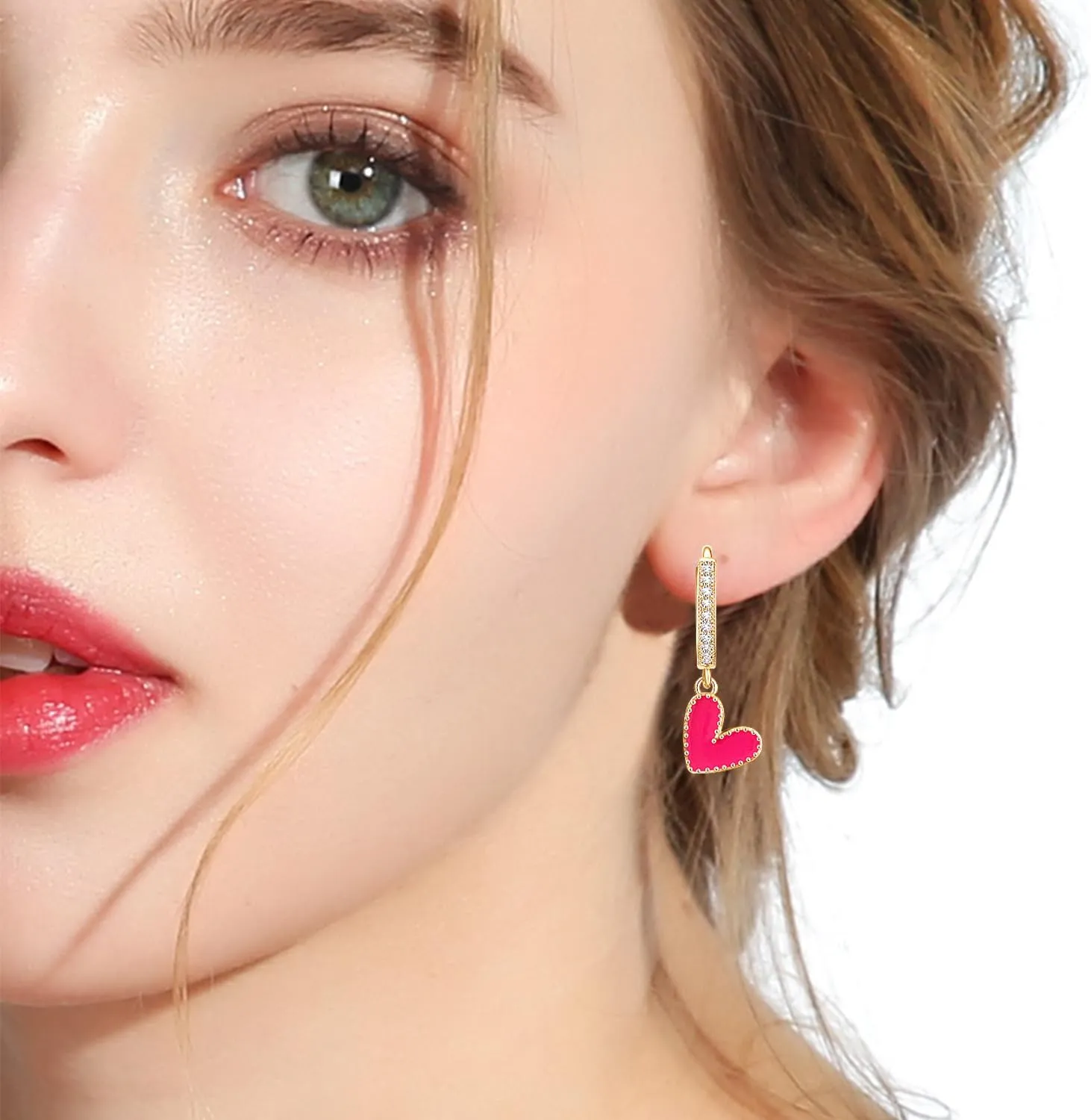 Unique Dainty Sparkly Crystal Red Heart Dangle Drop Earrings Elegant 14k Gold Chic Love Heart Huggie Hoop Earrings for Women Lover Statement Jewelry Christmas Valentines Day Gifts