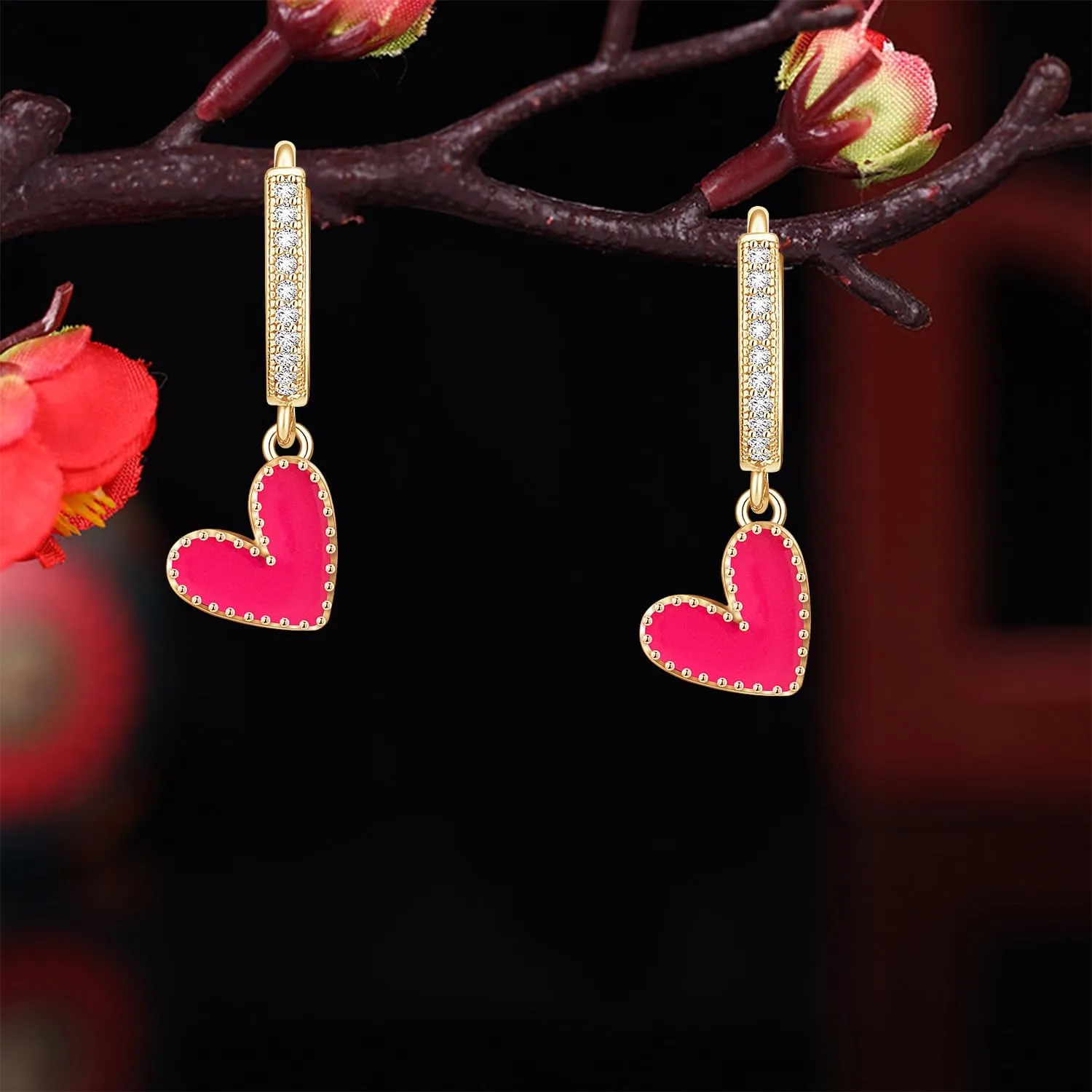 Unique Dainty Sparkly Crystal Red Heart Dangle Drop Earrings Elegant 14k Gold Chic Love Heart Huggie Hoop Earrings for Women Lover Statement Jewelry Christmas Valentines Day Gifts