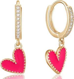 Unique Dainty Sparkly Crystal Red Heart Dangle Drop Earrings Elegant 14k Gold Chic Love Heart Huggie Hoop Earrings for Women Lover Statement Jewelry Christmas Valentines Day Gifts
