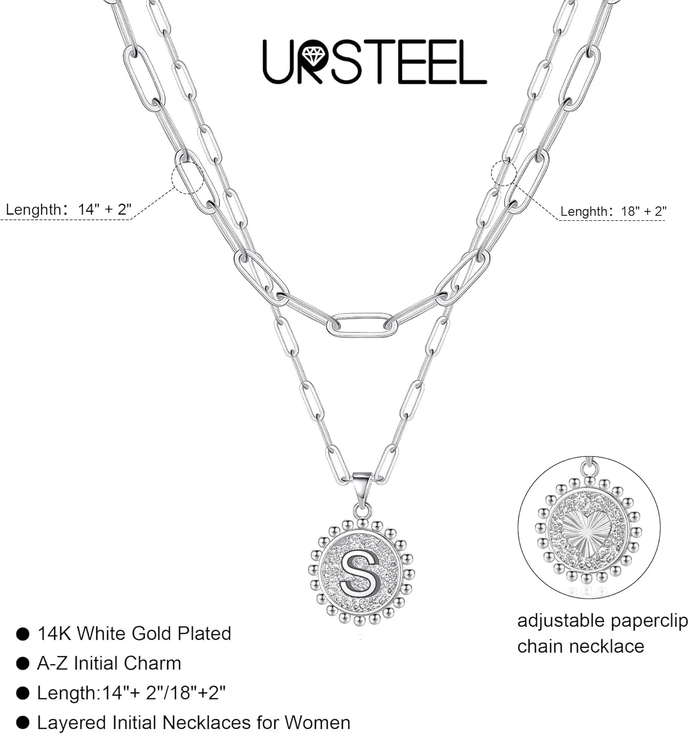 Ursteel Layered Initial Necklaces for Women - 14K Gold Plated Dainty Layering Paperclip Chain Necklaces for Women Jewelry
