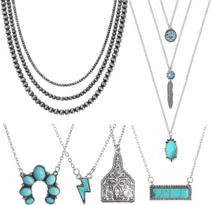 WAINIS 6PCS Western Necklaces for Women Layered Navajo Pearl Necklace Turquoise Cow Lightning Horseshoe Pendant Necklace Cowgirl Boho Jewelry Set