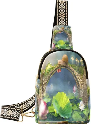 Water Lilies Snail Bridge Fanny Pack Crossbody PC Leather Small Sling Bag for Women Magical Forest Fashion Waist Packs Chest Bag for Travel Sports Running Hiking