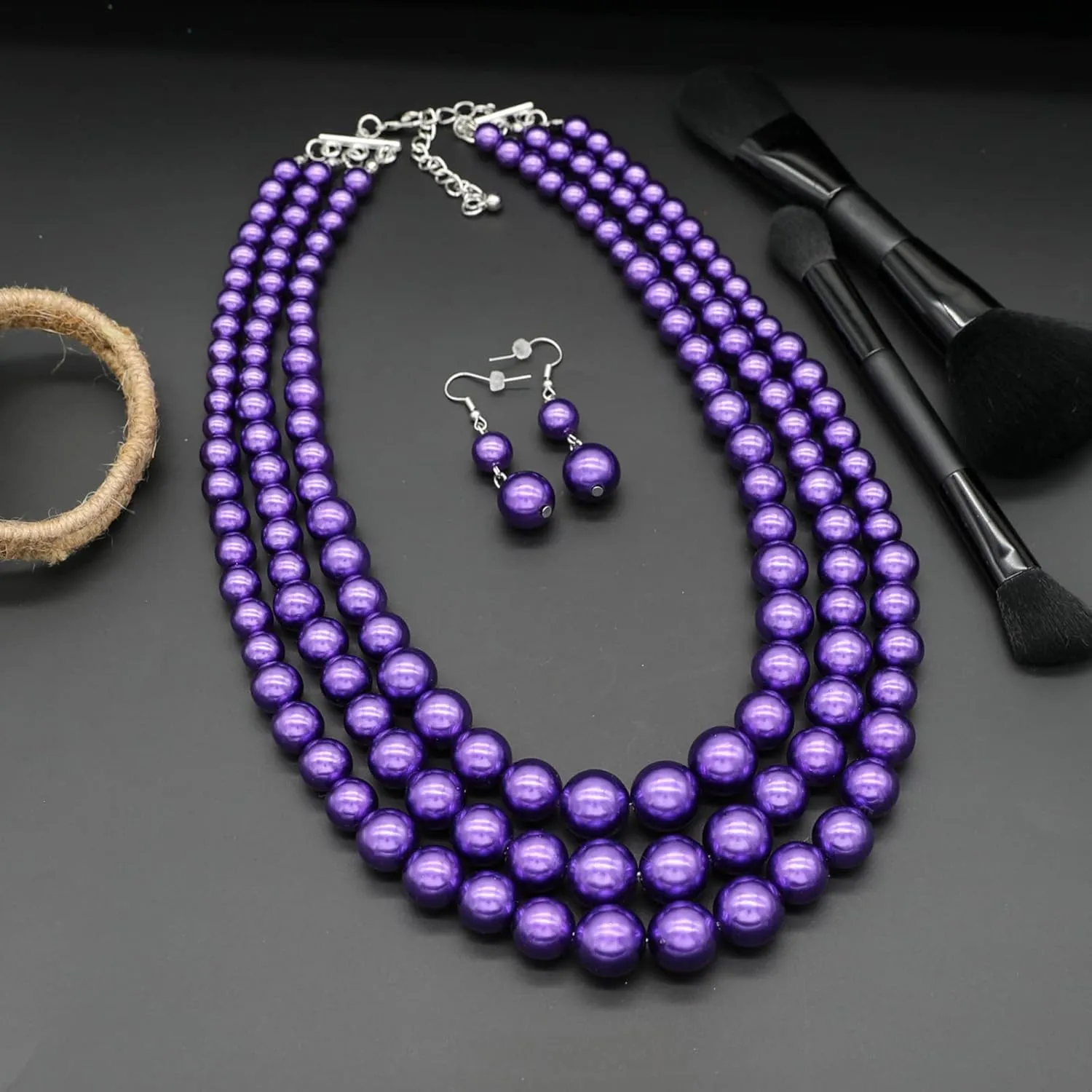 We We Three Layers Faux Pearl Necklace for Women Multi strand Pearl Necklace Earrings Set 1920s Pearl Costume Jewelry