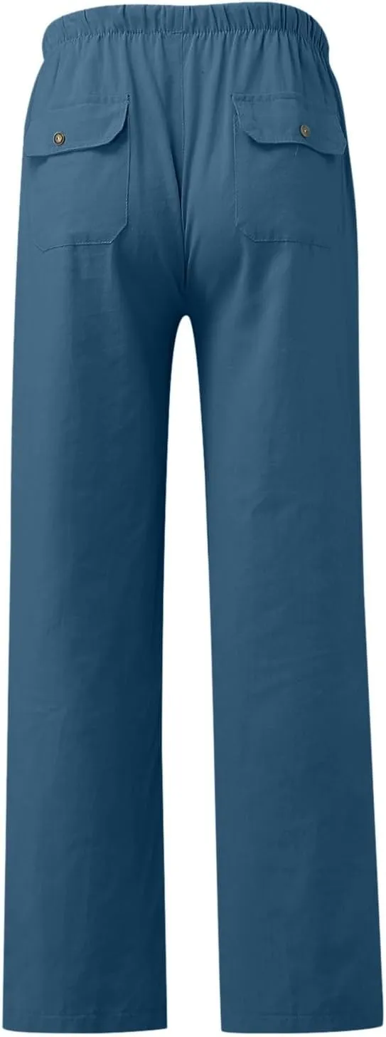 White Linen Pants Men Drawstring Slim Fit Yoga Pants Casual Vintage Lightweight Comfortable Trousers with Pockets