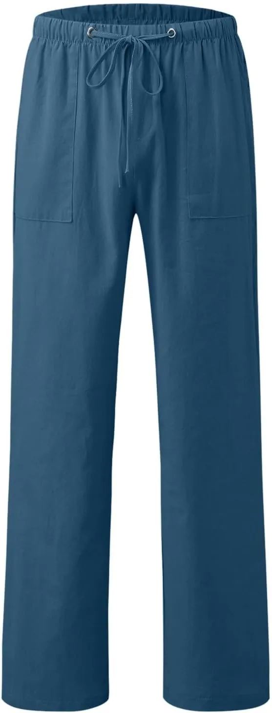 White Linen Pants Men Drawstring Slim Fit Yoga Pants Casual Vintage Lightweight Comfortable Trousers with Pockets