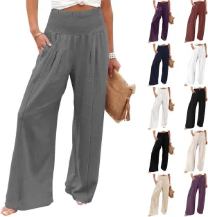 Wide Leg Cotton Linen Pants Women High Waisted Dress Pants Business Casual Work Pants Boho Palazzo Pants with Pockets