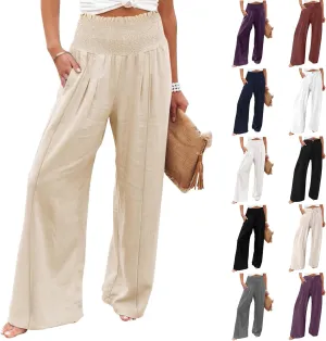 Wide Leg Cotton Linen Pants Women High Waisted Dress Pants Business Casual Work Pants Boho Palazzo Pants with Pockets