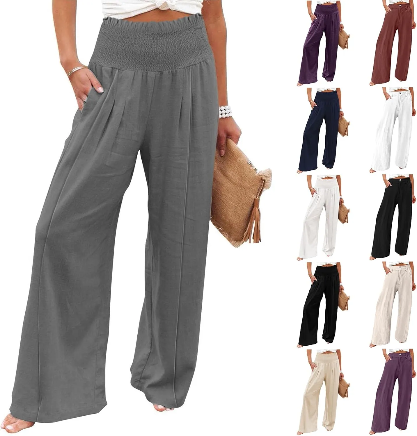 Wide Leg Cotton Linen Pants Women High Waisted Dress Pants Business Casual Work Pants Boho Palazzo Pants with Pockets