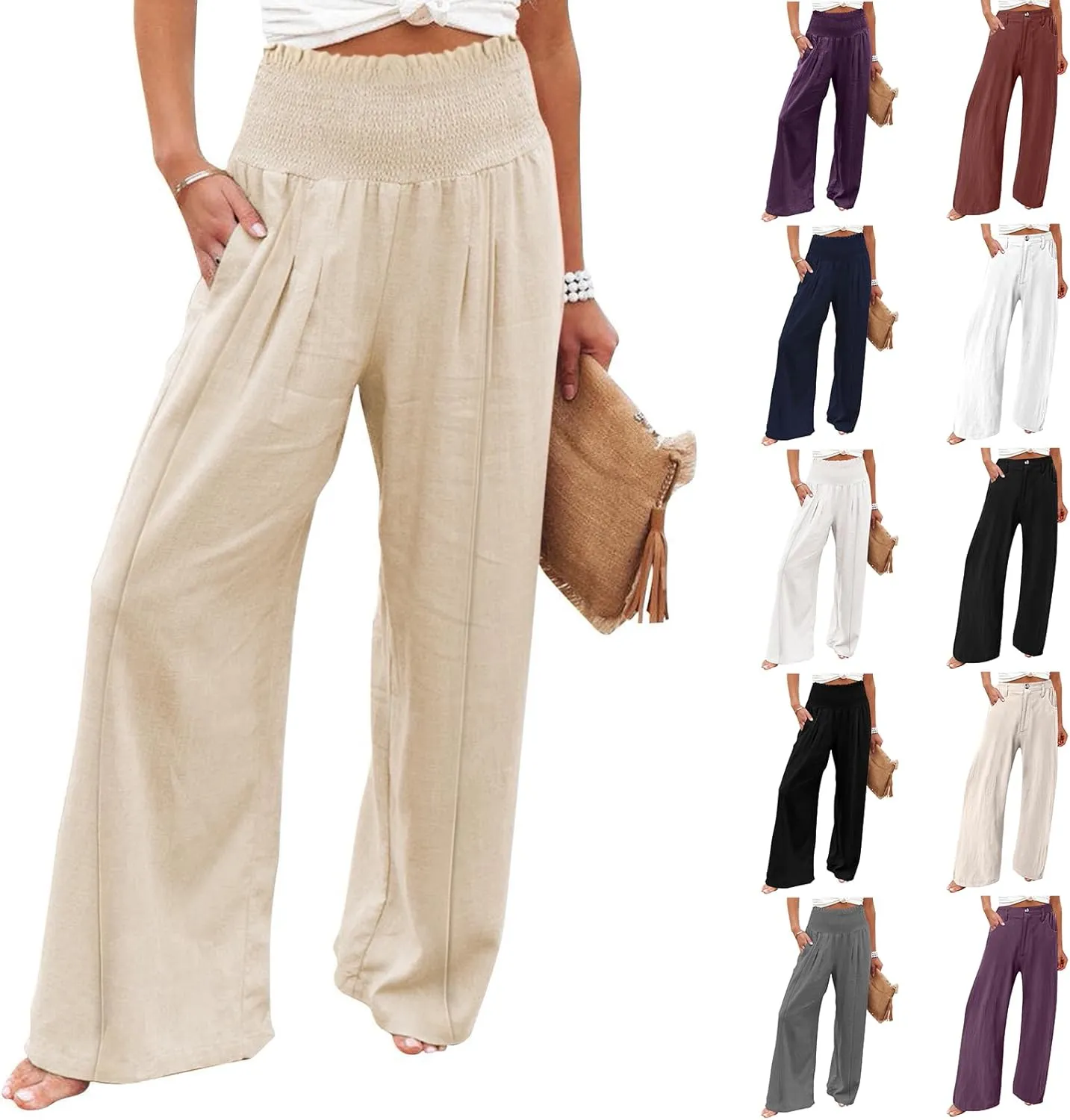 Wide Leg Cotton Linen Pants Women High Waisted Dress Pants Business Casual Work Pants Boho Palazzo Pants with Pockets