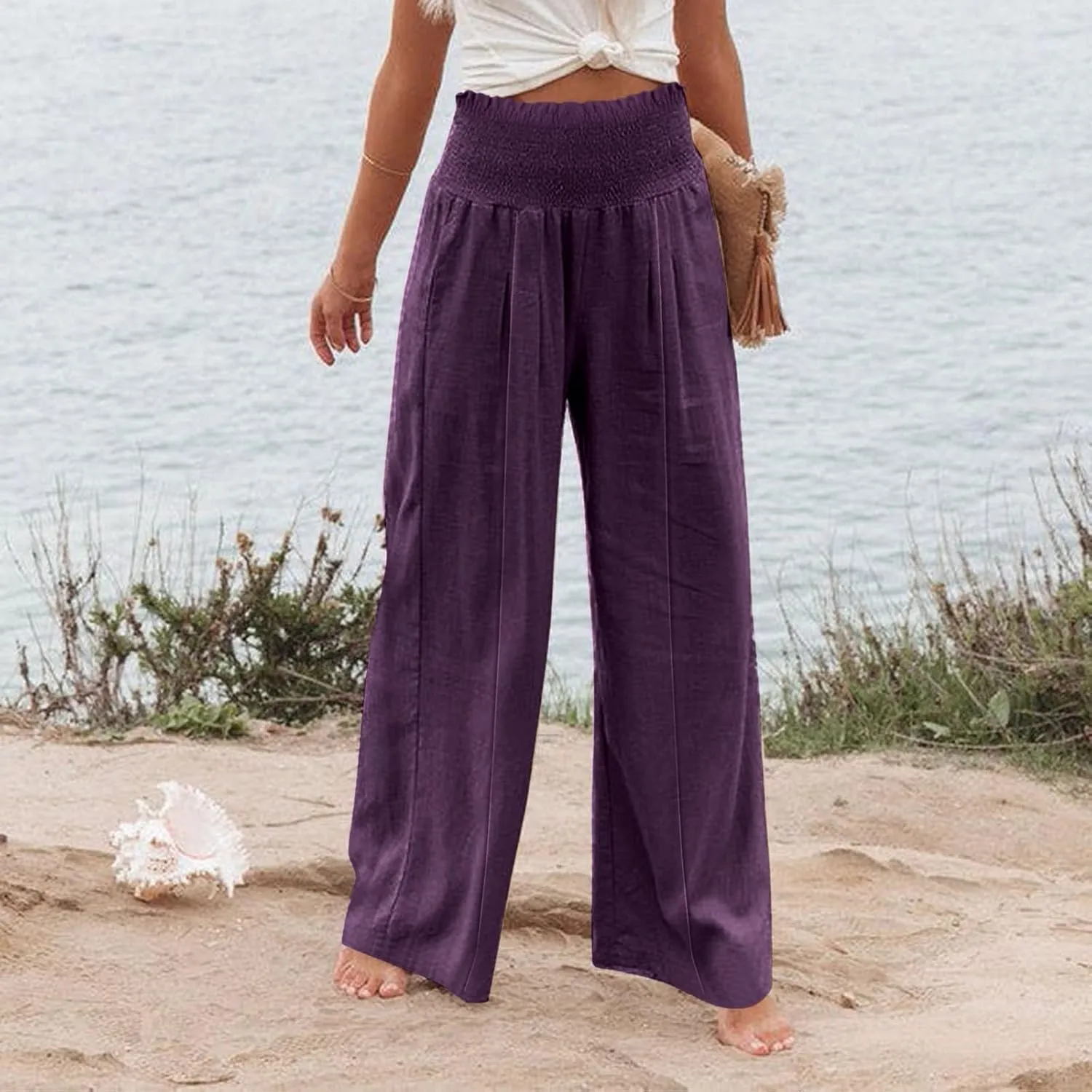 Wide Leg Cotton Linen Pants Women High Waisted Dress Pants Business Casual Work Pants Boho Palazzo Pants with Pockets