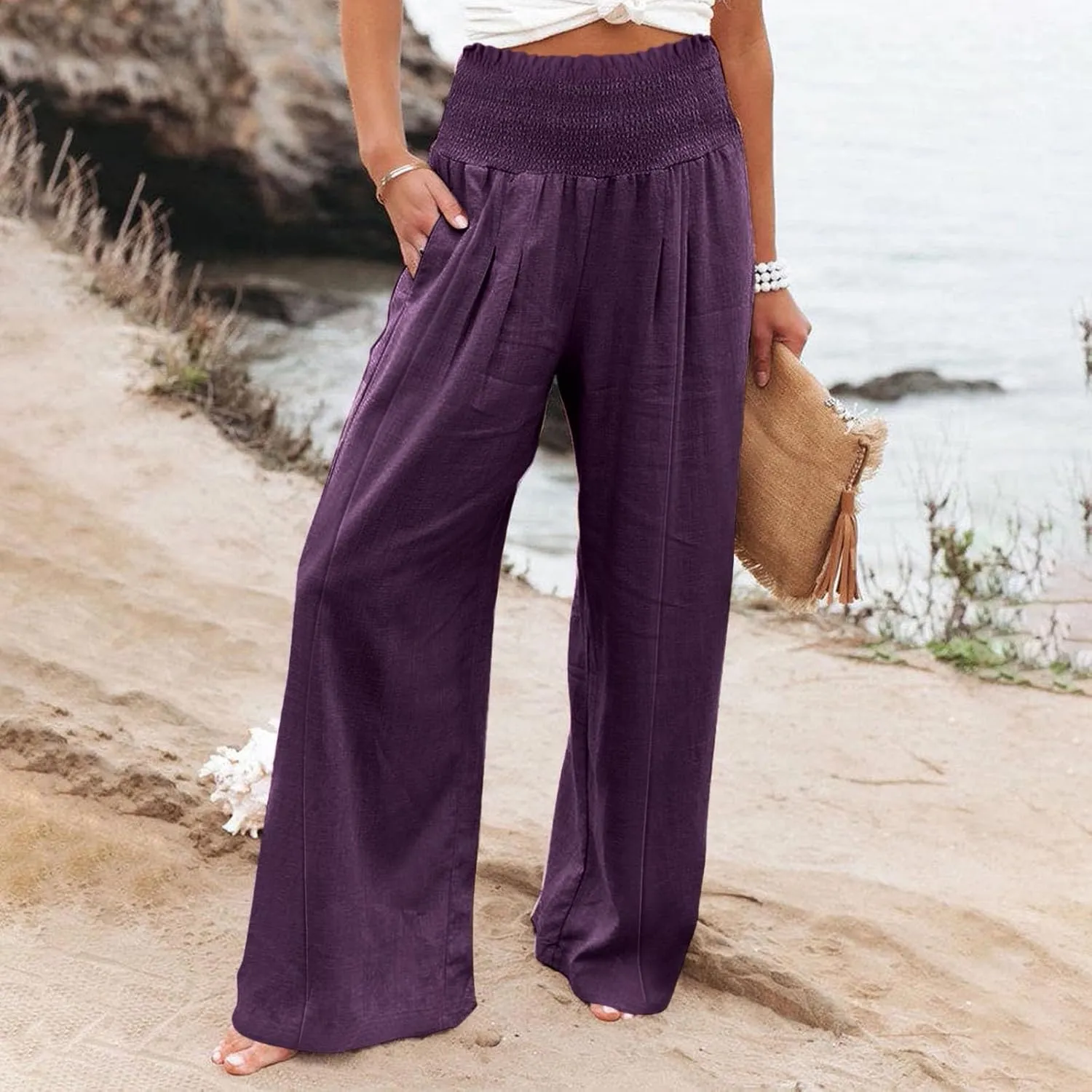 Wide Leg Cotton Linen Pants Women High Waisted Dress Pants Business Casual Work Pants Boho Palazzo Pants with Pockets