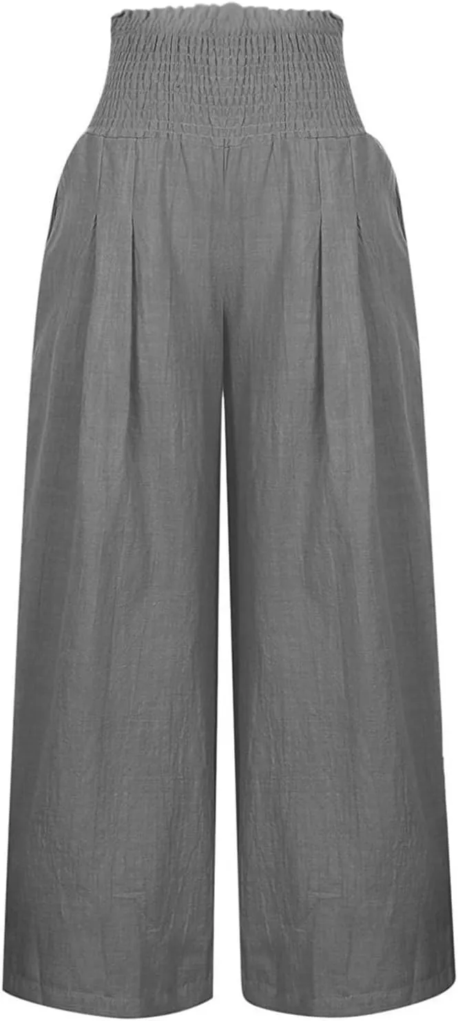Wide Leg Cotton Linen Pants Women High Waisted Dress Pants Business Casual Work Pants Boho Palazzo Pants with Pockets