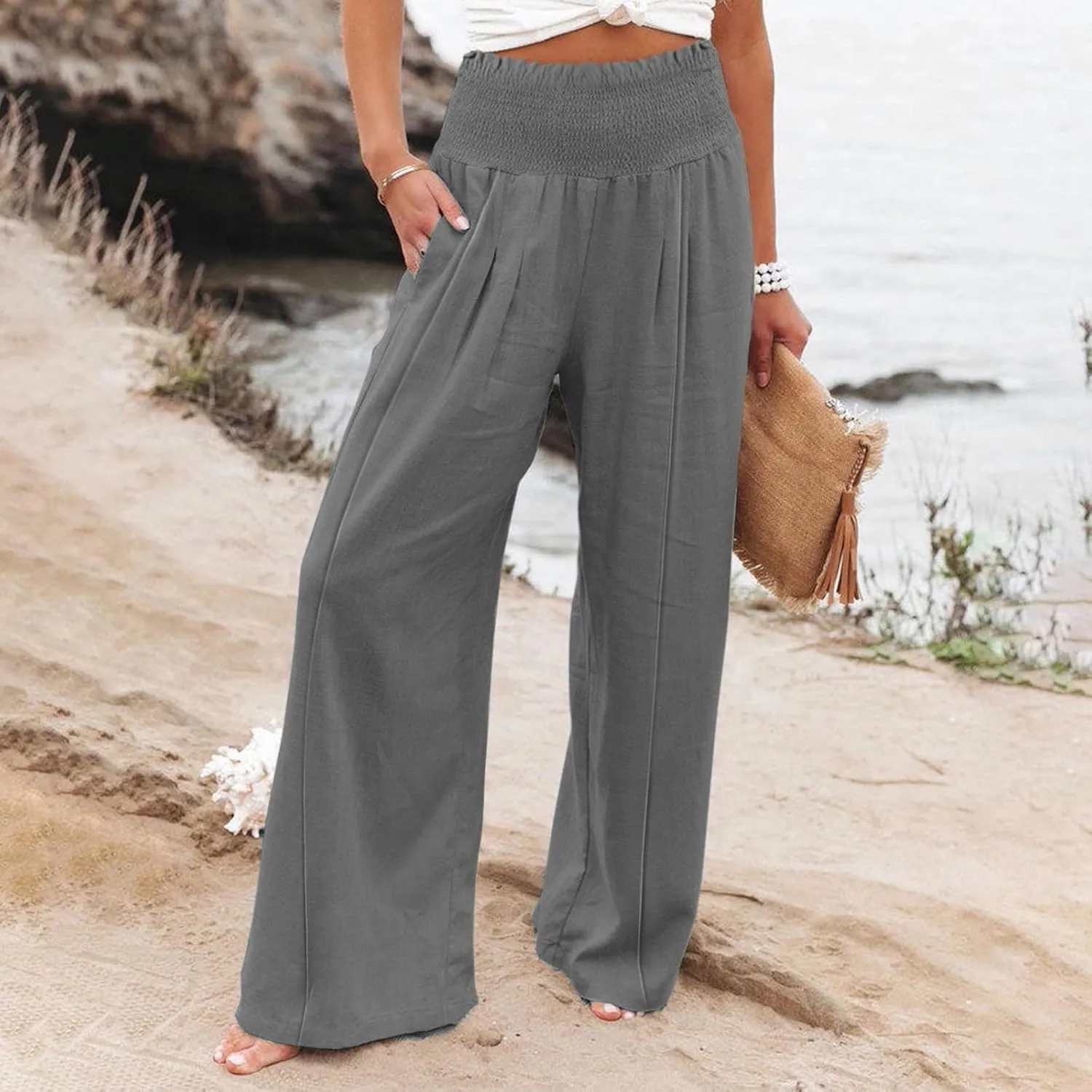 Wide Leg Cotton Linen Pants Women High Waisted Dress Pants Business Casual Work Pants Boho Palazzo Pants with Pockets