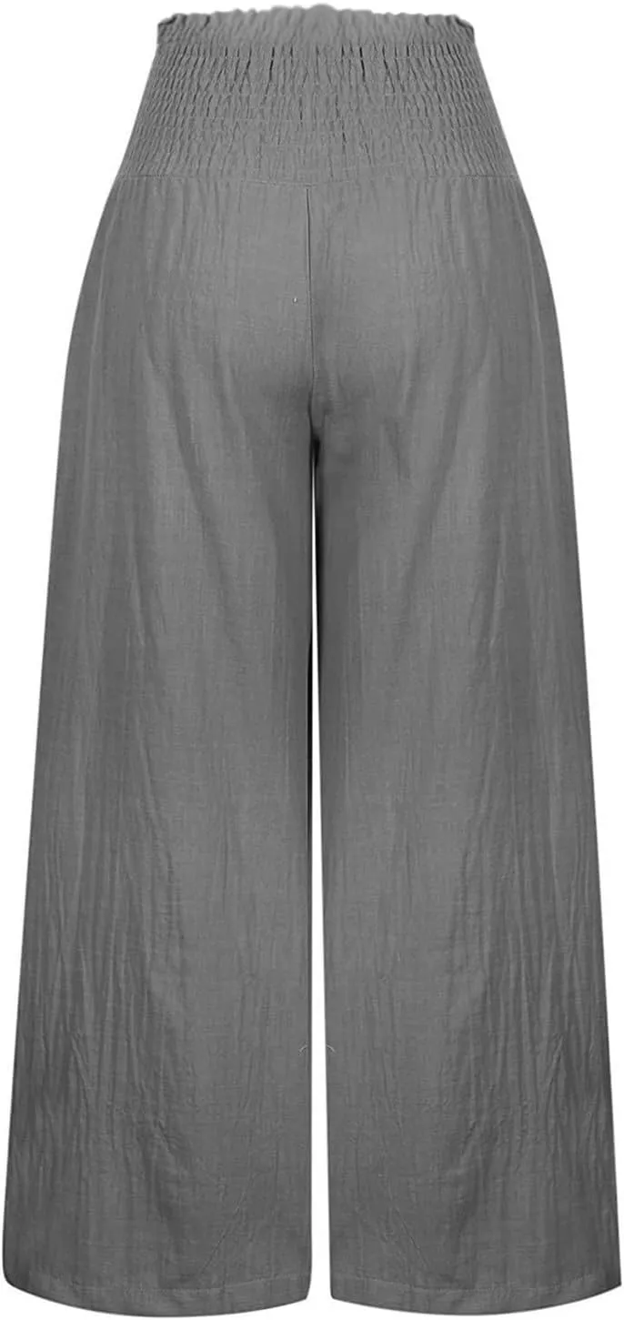 Wide Leg Cotton Linen Pants Women High Waisted Dress Pants Business Casual Work Pants Boho Palazzo Pants with Pockets