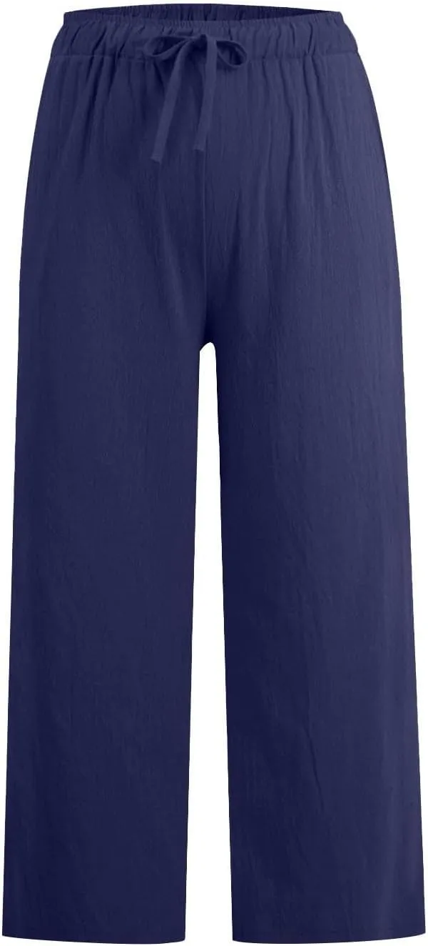 Wide Leg Cropped Pants for Women Summer Casual Linen Pants Drawstring Lightweight Comfy Beach Trousers with Pockets