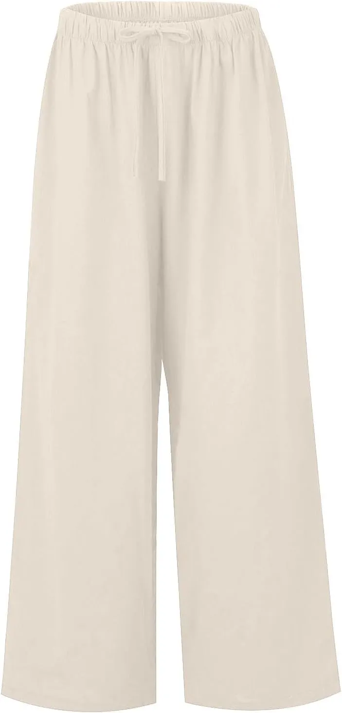 Wide Leg Linen Pants for Women Summer Boho Flowy Beach Pants Comfy Casual Cotton Palazzo Pants Trousers with Pockets