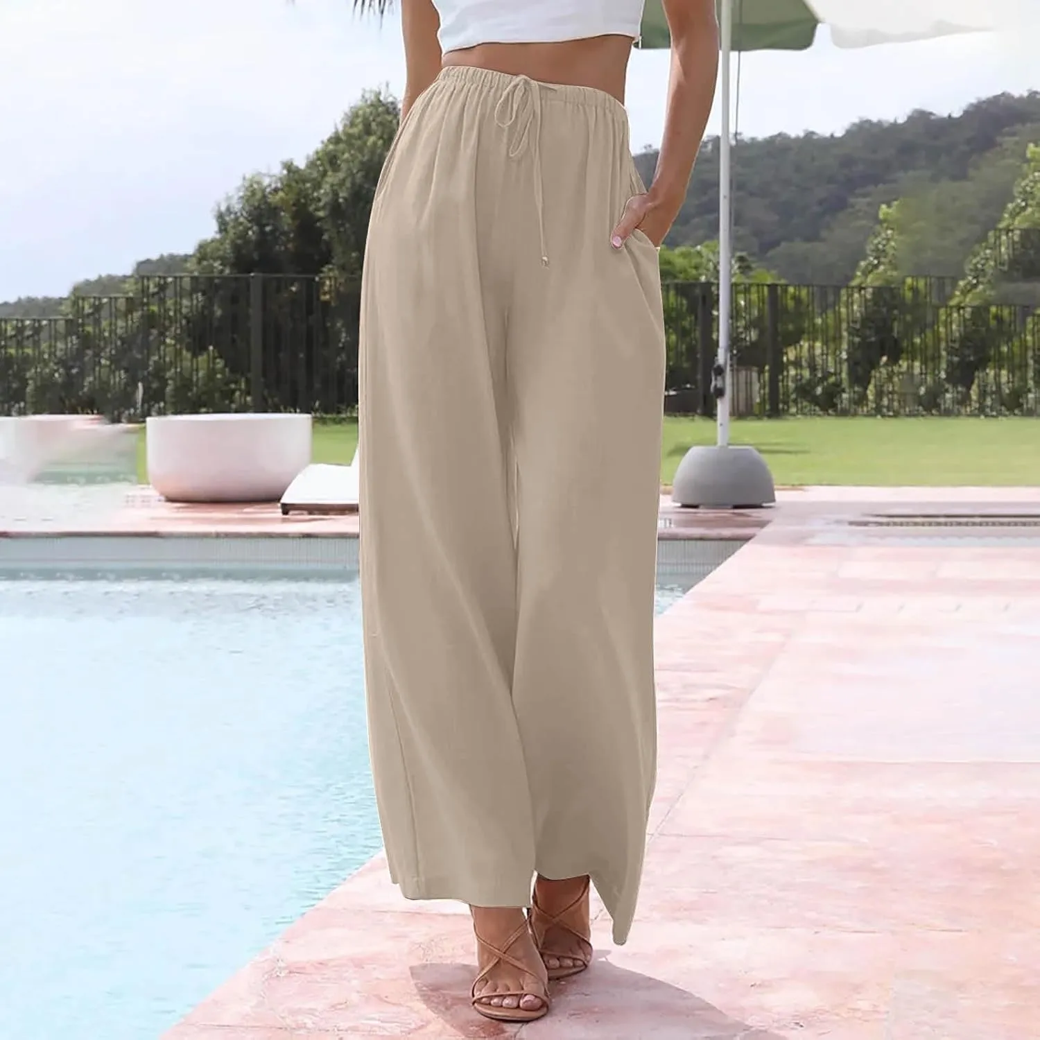 Wide Leg Linen Pants for Women Summer Boho Flowy Beach Pants Comfy Casual Cotton Palazzo Pants Trousers with Pockets