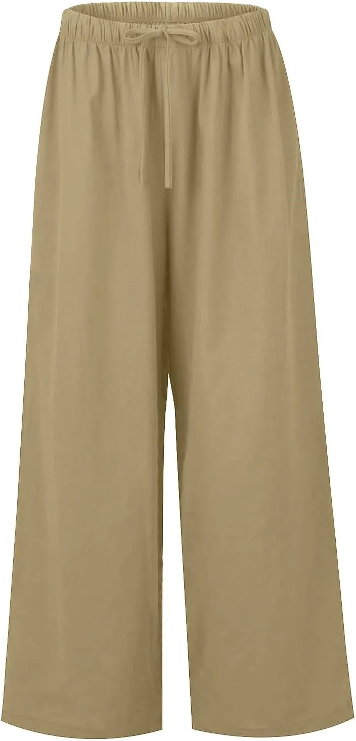 Wide Leg Linen Pants for Women Summer Boho Flowy Beach Pants Comfy Casual Cotton Palazzo Pants Trousers with Pockets