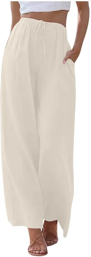 Wide Leg Linen Pants for Women Summer Boho Flowy Beach Pants Comfy Casual Cotton Palazzo Pants Trousers with Pockets