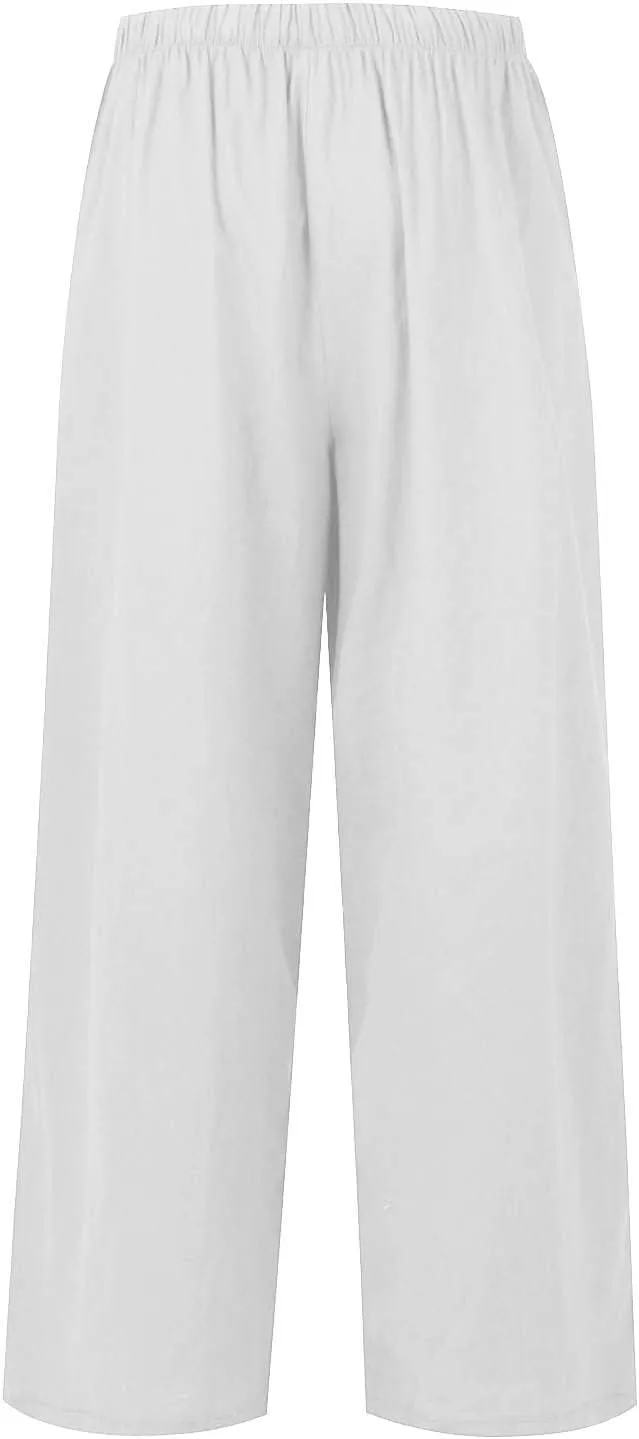 Wide Leg Linen Pants for Women Summer Boho Flowy Beach Pants Comfy Casual Cotton Palazzo Pants Trousers with Pockets