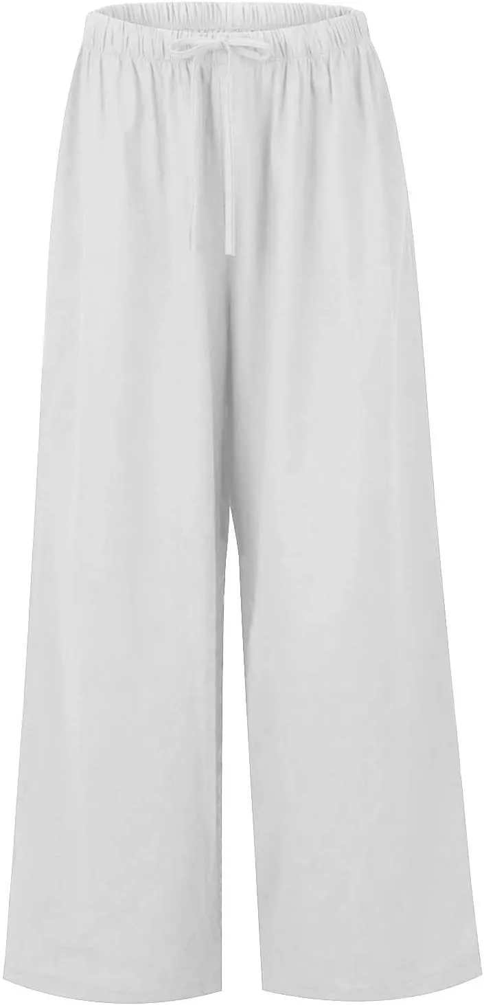 Wide Leg Linen Pants for Women Summer Boho Flowy Beach Pants Comfy Casual Cotton Palazzo Pants Trousers with Pockets