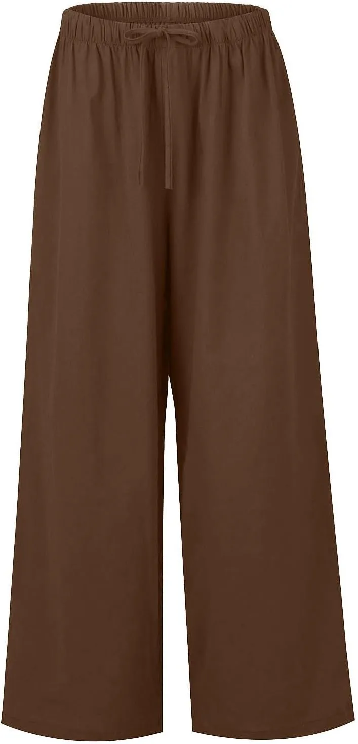 Wide Leg Linen Pants for Women Summer Boho Flowy Beach Pants Comfy Casual Cotton Palazzo Pants Trousers with Pockets