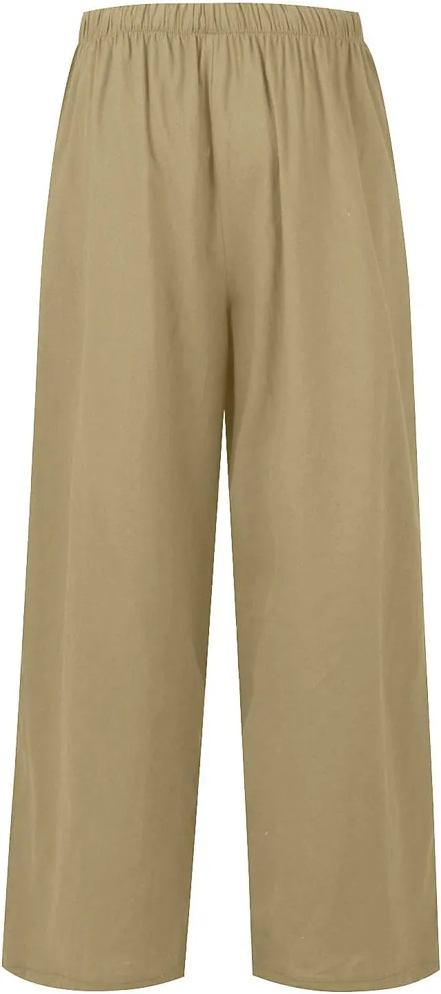 Wide Leg Linen Pants for Women Summer Boho Flowy Beach Pants Comfy Casual Cotton Palazzo Pants Trousers with Pockets