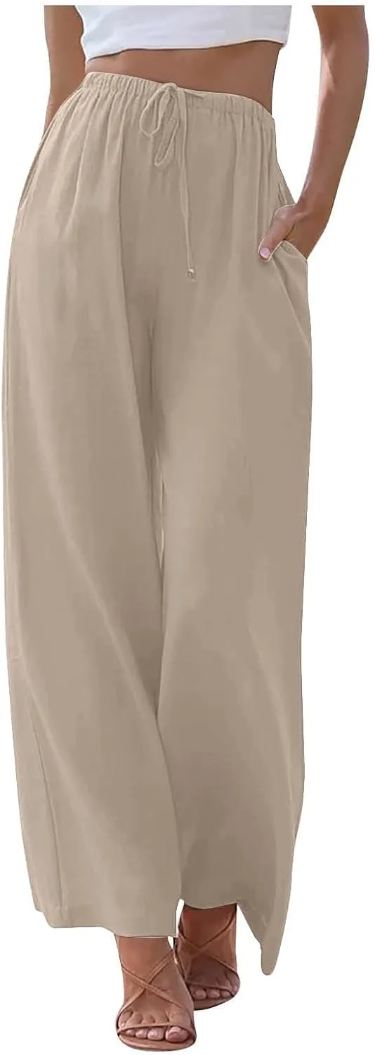 Wide Leg Linen Pants for Women Summer Boho Flowy Beach Pants Comfy Casual Cotton Palazzo Pants Trousers with Pockets