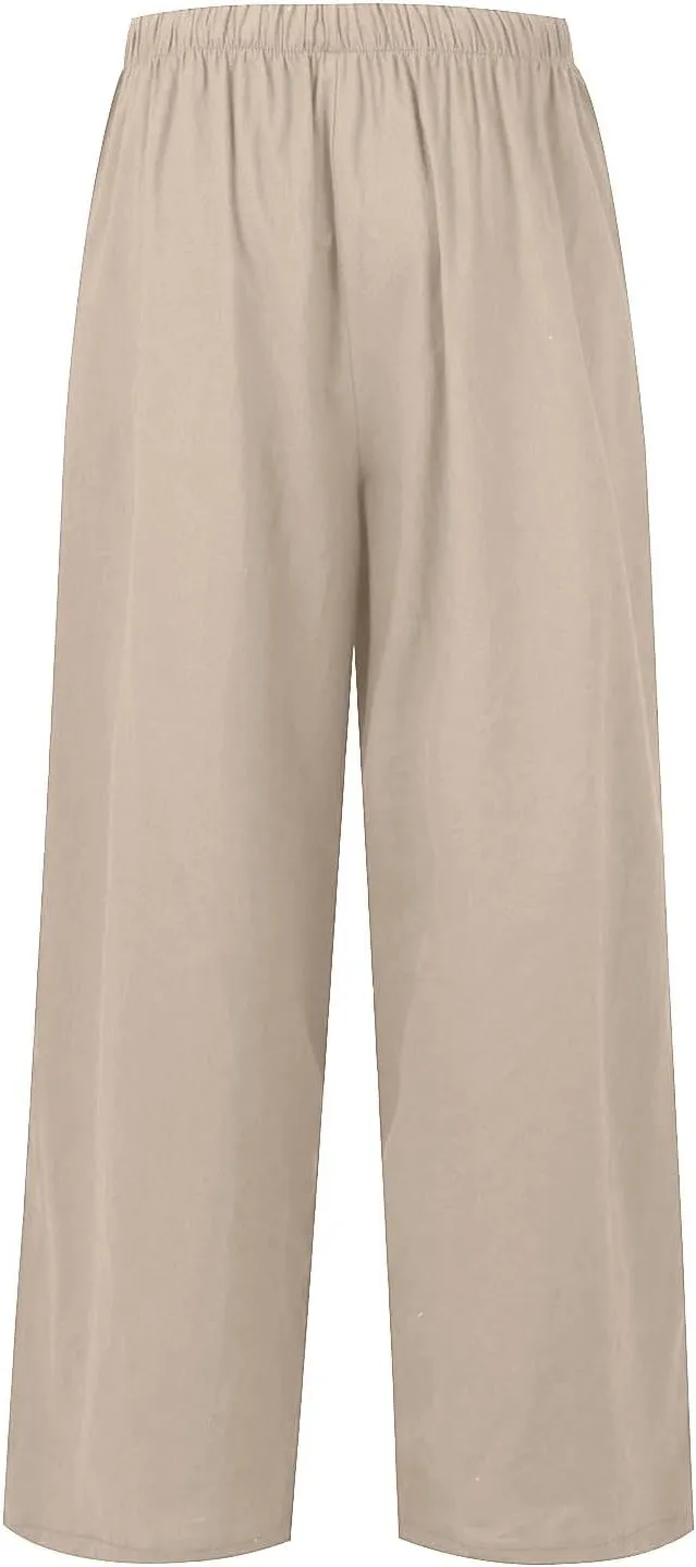 Wide Leg Linen Pants for Women Summer Boho Flowy Beach Pants Comfy Casual Cotton Palazzo Pants Trousers with Pockets