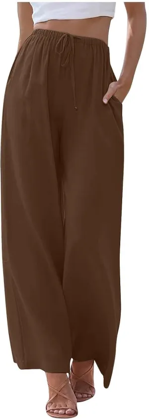 Wide Leg Linen Pants for Women Summer Boho Flowy Beach Pants Comfy Casual Cotton Palazzo Pants Trousers with Pockets