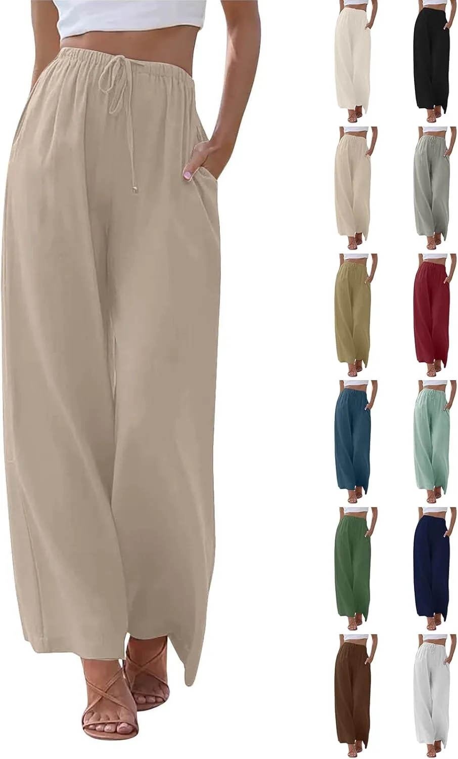 Wide Leg Linen Pants for Women Summer Boho Flowy Beach Pants Comfy Casual Cotton Palazzo Pants Trousers with Pockets