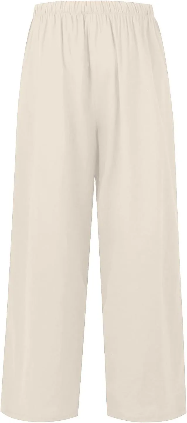 Wide Leg Linen Pants for Women Summer Boho Flowy Beach Pants Comfy Casual Cotton Palazzo Pants Trousers with Pockets
