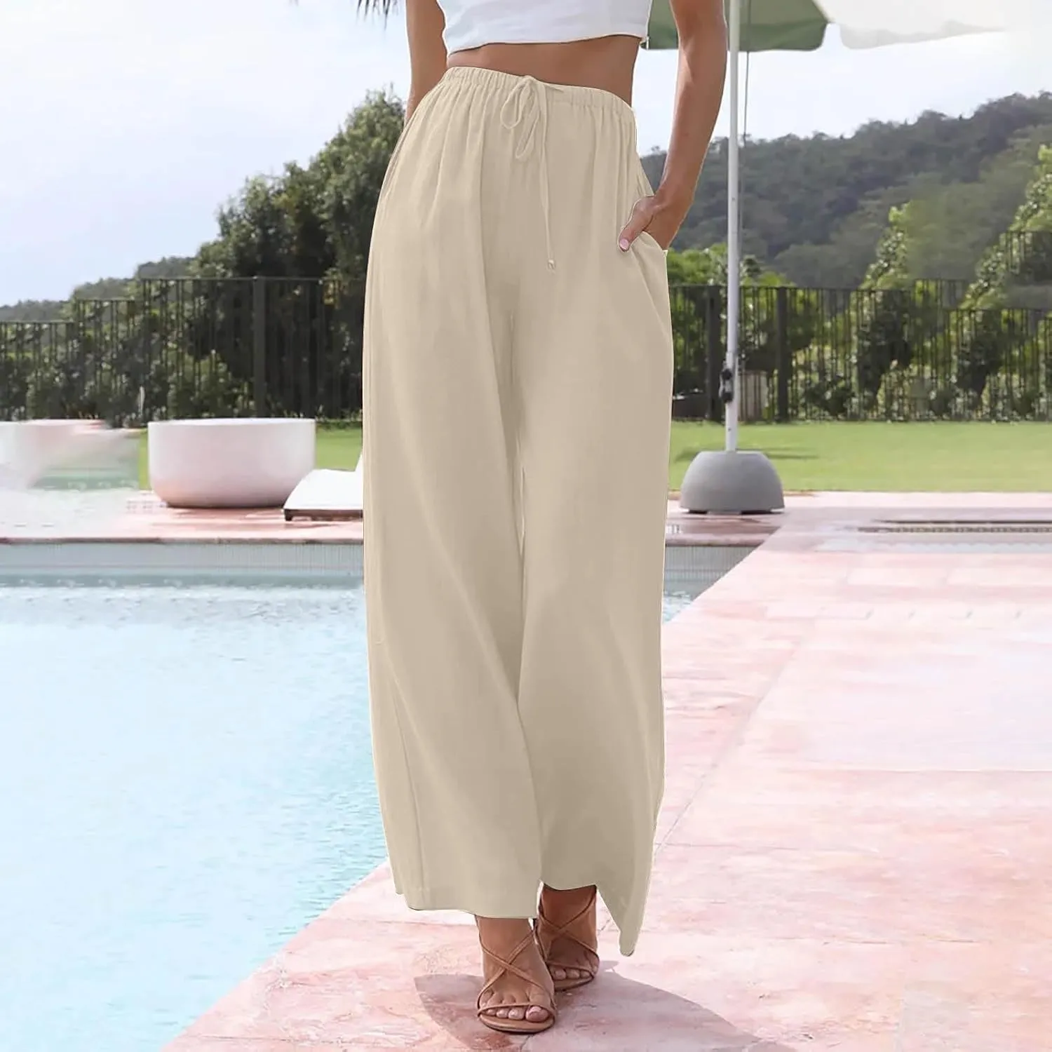 Wide Leg Linen Pants for Women Summer Boho Flowy Beach Pants Comfy Casual Cotton Palazzo Pants Trousers with Pockets