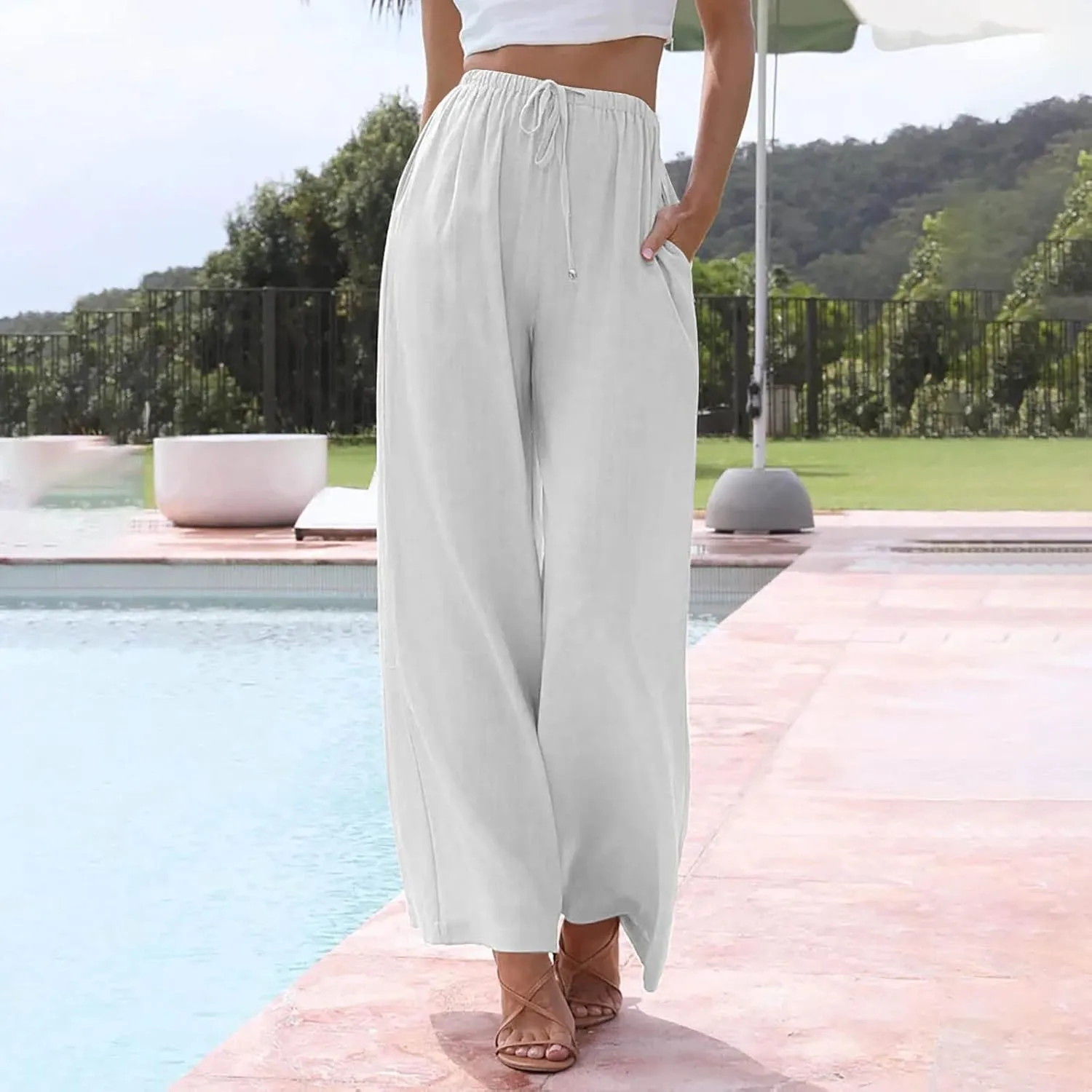 Wide Leg Linen Pants for Women Summer Boho Flowy Beach Pants Comfy Casual Cotton Palazzo Pants Trousers with Pockets