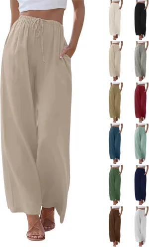 Wide Leg Linen Pants for Women Summer Boho Flowy Beach Pants Comfy Casual Cotton Palazzo Pants Trousers with Pockets