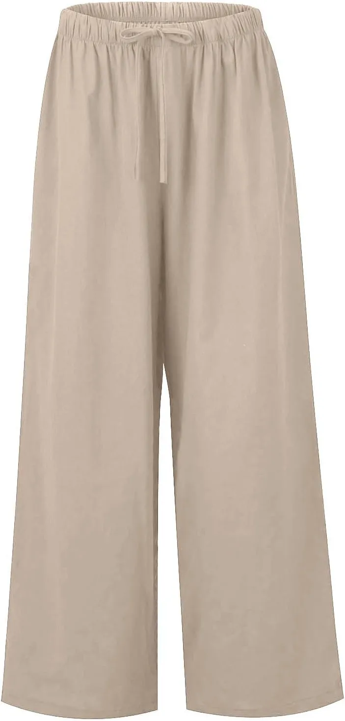 Wide Leg Linen Pants for Women Summer Boho Flowy Beach Pants Comfy Casual Cotton Palazzo Pants Trousers with Pockets