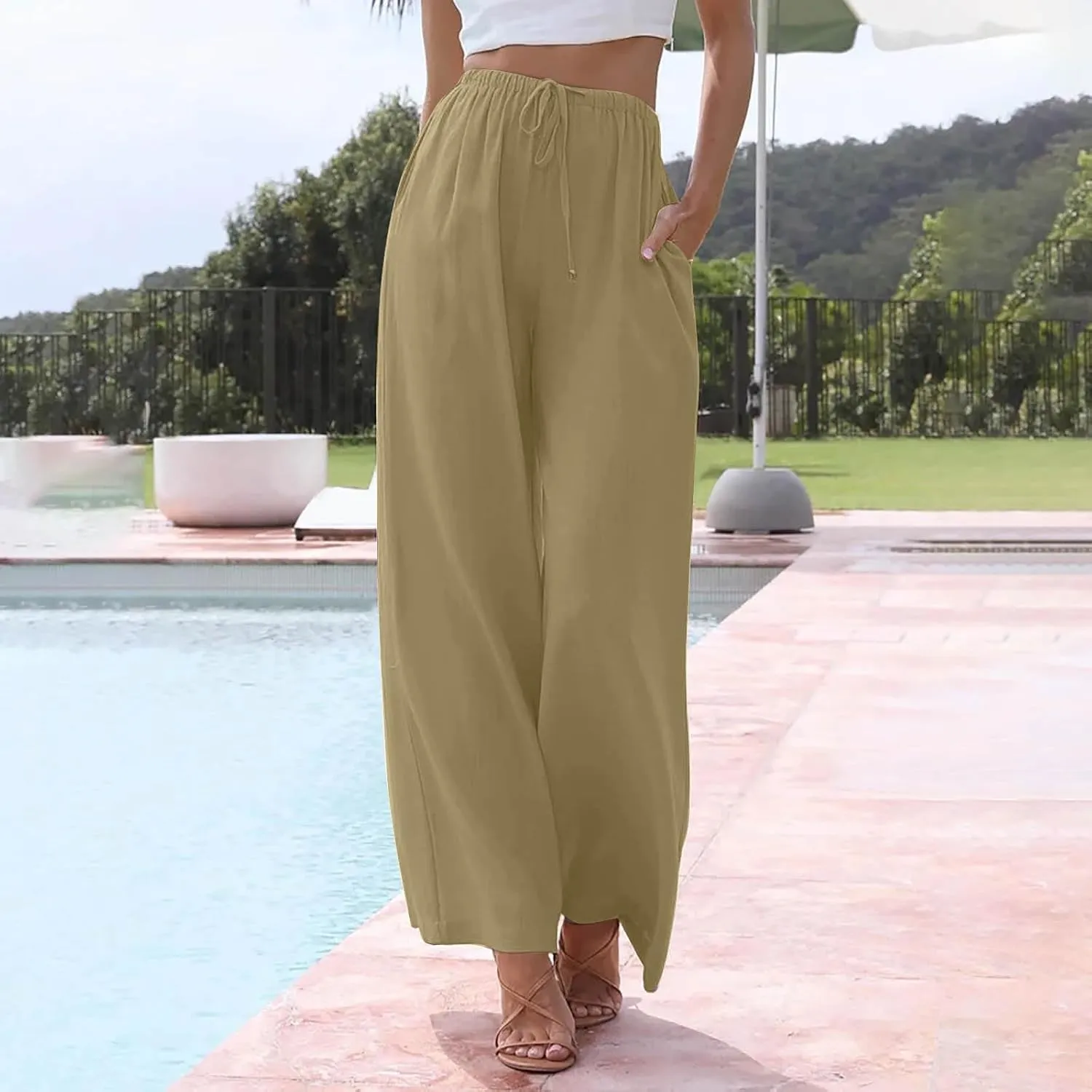 Wide Leg Linen Pants for Women Summer Boho Flowy Beach Pants Comfy Casual Cotton Palazzo Pants Trousers with Pockets