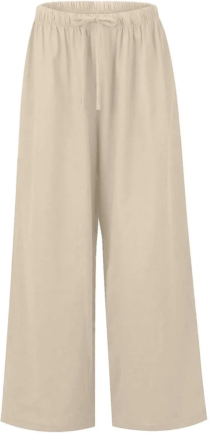 Wide Leg Linen Pants for Women Summer Boho Flowy Beach Pants Comfy Casual Cotton Palazzo Pants Trousers with Pockets