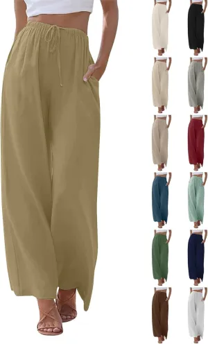 Wide Leg Linen Pants for Women Summer Boho Flowy Beach Pants Comfy Casual Cotton Palazzo Pants Trousers with Pockets