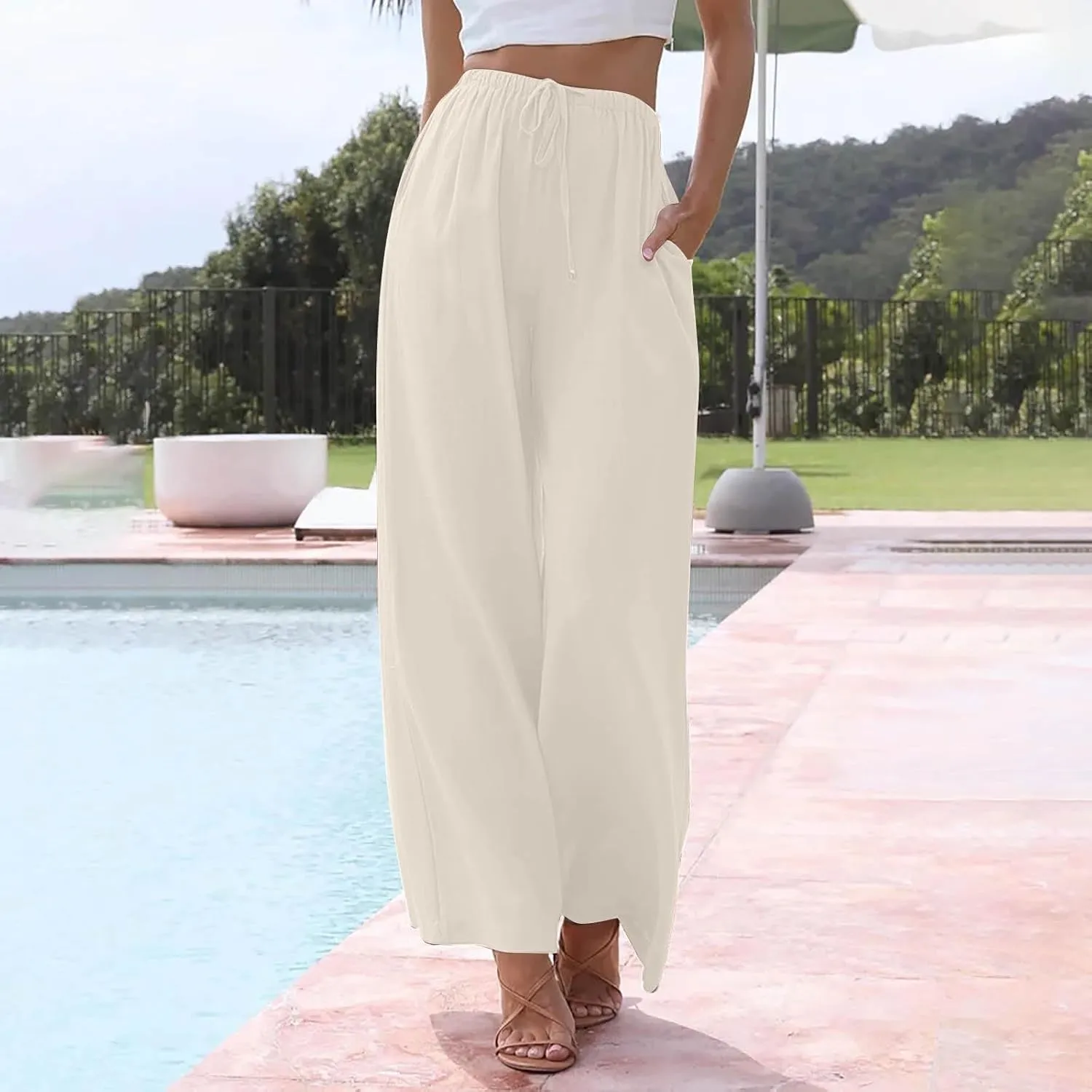 Wide Leg Linen Pants for Women Summer Boho Flowy Beach Pants Comfy Casual Cotton Palazzo Pants Trousers with Pockets