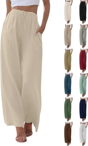 Wide Leg Linen Pants for Women Summer Boho Flowy Beach Pants Comfy Casual Cotton Palazzo Pants Trousers with Pockets